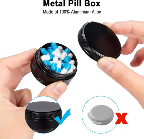 Portable Metal Pill Box - Single Waterproof Pill Container for Travel, Daily Round Aluminium Medicine Organizer Holder