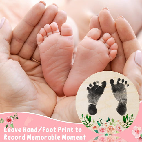 R HORSE Baby Birth Announcement Sign with Marker Pen, Pink Floral Baby Name Sign with Ink Pad for Hand and Footprints