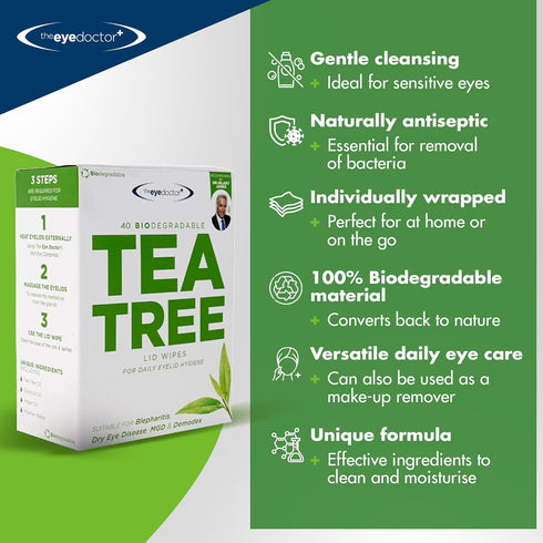 The Eye Doctor Tea Tree Eyelid Wipes, 40 Cleansing Lid Wipes for Dry Eye Blepharitis MGD & Demodex