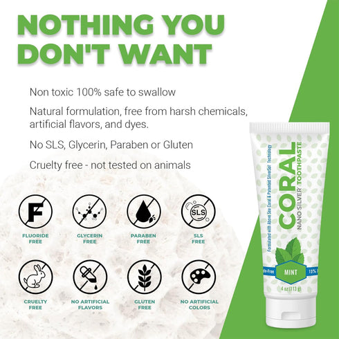 Coral Nano Silver Mint Toothpaste - Natural Fluoride Free Teeth Whitening, 4 Ounces