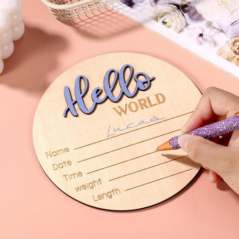 NQEUEPN 5.9 Inch/15cm Newborn Announcement Sign, Wooden Hello World Plaques Baby Welcome Sign Birth Newborn Name