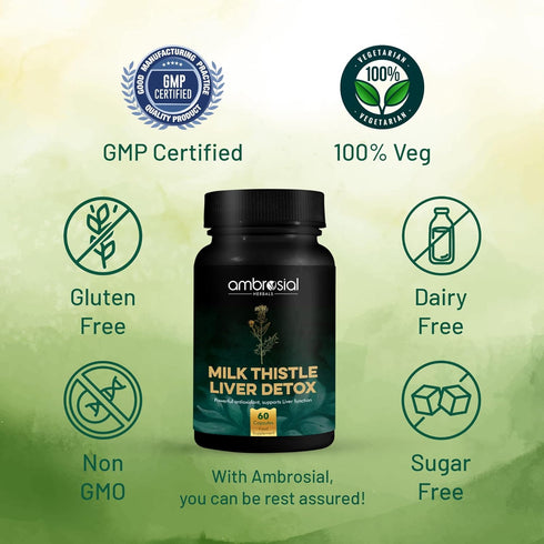 AMBROSIAL Milk Thistle Liver Detox, Dandelion Root & Other Natural Herbs, High Strength Herbal Antioxidant, 60 Capsules