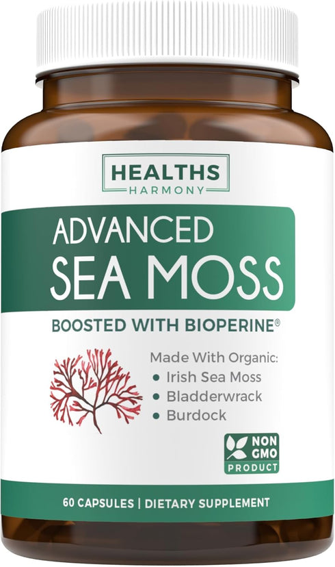 Irish Sea Moss Capsules 60 Count - Organic Non-GMO Irish Seamoss, Bladderwrack & Burdock with BioPerine for Extra