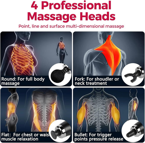 Veefy 4 Deep Tissue Massage Gun for Back & Full Body Long Handle Percussion Muscle Massager with Replaceable Heads
