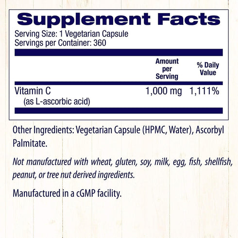 Healthy Origins Vitamin C, 1,000 mg, Vegan Vitamin C for Immune Support, 360 Veggie Capsules