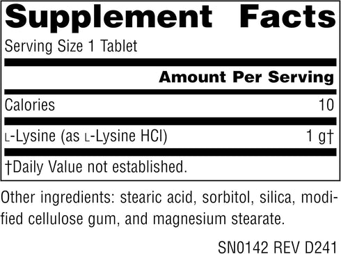 Source Naturals L-Lysine Free Form, 1,000 mg Amino Acid Supplement, 100 Tablets