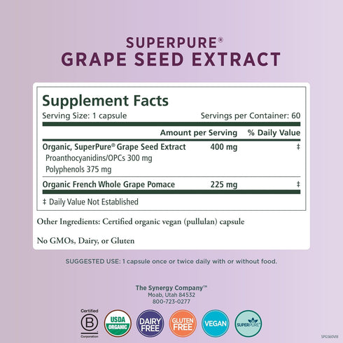 Pure Synergy SuperPure Grape Seed Extract Capsules for Heart Health, Skin, and Healthy Aging Support, 60 Count