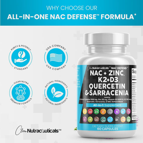 Clean Nutraceuticals NAC Supplement - N-Acetyl Cysteine 1000mg, Vitamin D3, K2 & More - 60 Count