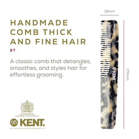 Kent 6T TW Fine Tooth Comb and Wide Tooth Hair Comb | Handmade Styling Comb for Hair Care, Barber Combs, Beard Combs