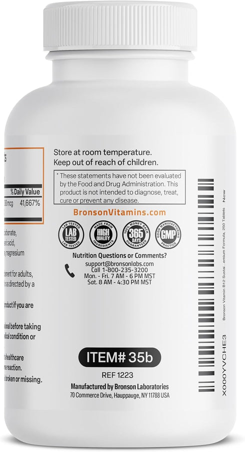 Bronson Vitamin B12 1000 mcg Sustained Release Tablets - 250 Count for Nervous System Support