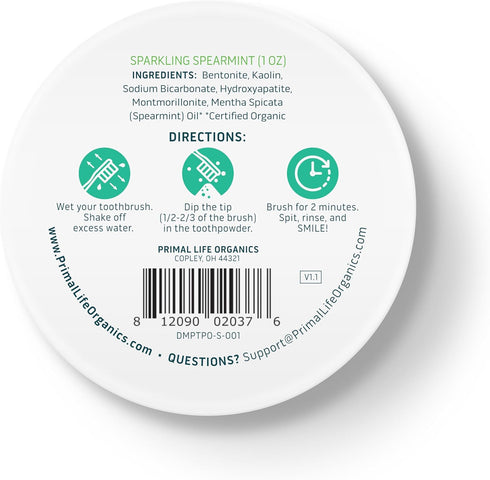 Primal Life Organics Dirty Mouth Toothpowder, Spearmint, 1 oz, Good for 200+ Brushings