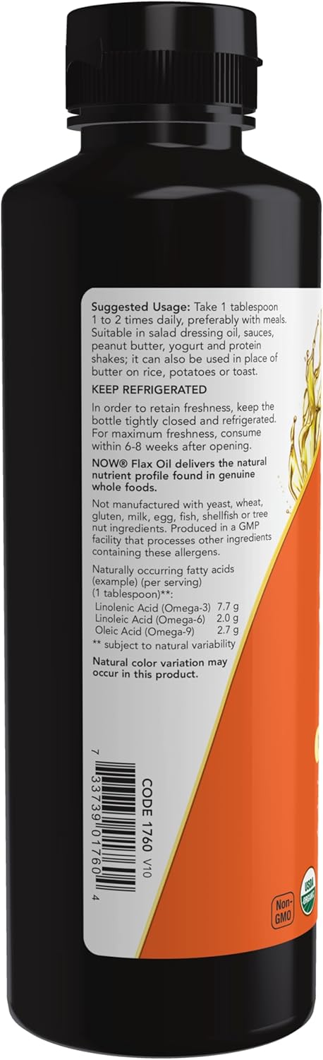 NOW Supplements Certified Organic Flax Seed Oil Liquid, 12-Ounce, Cold-Pressed and Unrefined