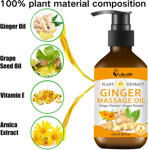 VedoAID (3pc) Ginger Massage Oil for Lymphatic Drainage, Sore Muscle Relief, and Massage Therapy, Ginger Oil