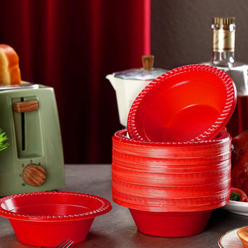 100 Pcs 12oz Red Disposable Plastic Bowls - Dessert Cups, Snack Bowls, Soup Bowls for Party Favor Picnic