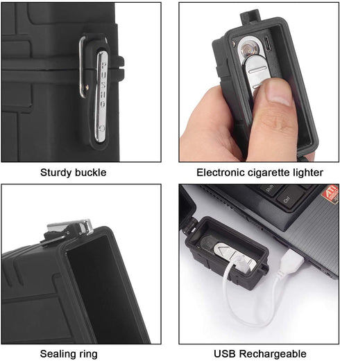 Skywin Waterproof Cigarette Case with Lighter, Airtight Dry Box with Rechargeable Lighter, Black
