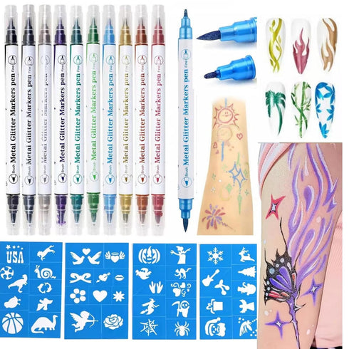 Temporary Tattoo Markers for Skin, 10 Body Markers for Bold and Fine Lines, Cosmetic Quality + 40 Large Tattoo Stencils