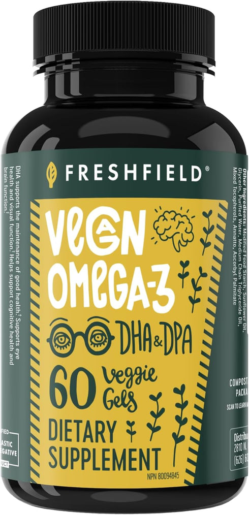 Freshfield Vegan Omega 3 DHA: Algae Oil, Plant Based Omega for Heart, Brain, Joint Health, No Heavy Metals