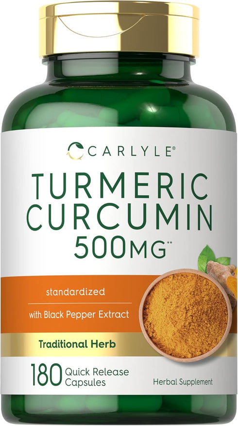 Carlyle Turmeric Curcumin with Bioperine | 500 mg | 180 Powder Capsules | Non-GMO, Gluten Free