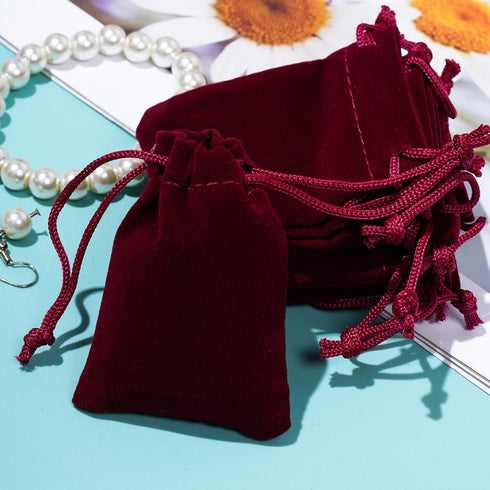 Nydotd 100pcs Velvet Cloth Jewelry Pouches, 2 X 2.8 inch Drawstring Bags for Christmas Candy Gift, Wine Red