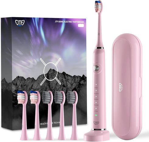 JTF Sonic Electric Toothbrush with Travel Case and 6 Brush Heads, Fast Charging for 60 Days, 5 Modes (Pink)