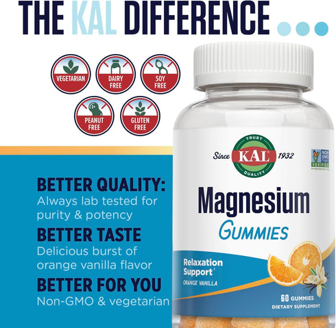 KAL Magnesium Citrate Gummies - 330mg Magnesium Supplement for Relaxation, 60 Gummies, Orange Vanilla Flavor