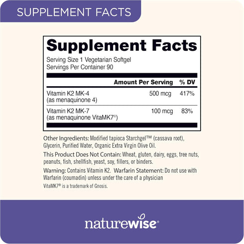 NatureWise Vitamin K2 MK-7 100mcg and MK-4 500mcg, Enhanced Bioavailable Formula for Bone Health, 180 Softgels
