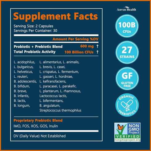 100 Billion Probiotics for Men and Women 27 Strains 5 Organic Prebiotics for Gut Digestive & Immune Health, Supports Diarrhea Gas Bloating, Vegan Probiotic Supplement Formula?60 Caps