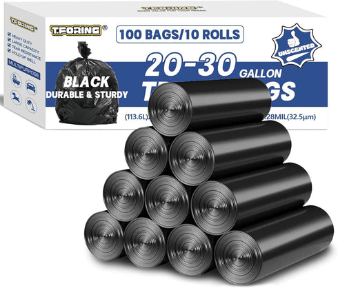 20-30 Gallon Trash Bags, Black, 100 Count, 1.28 Mil Thick, 30" x 35", Unscented for Kitchen Home Yard Commercial
