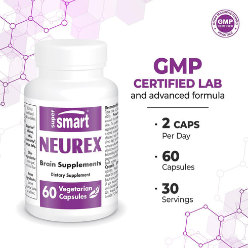 Supersmart Neurex Brain Supplement Formula - Improve Memory & Cognitive Processing, Non-GMO & Gluten Free - 60 Caps
