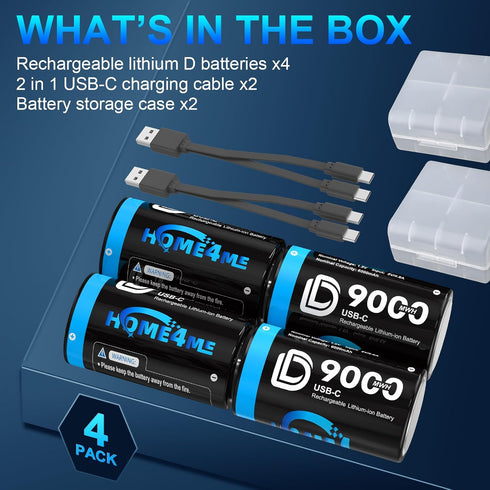Home4me 4 Pack, 9000mWh 1.5V 2-in-1 Rechargeable D Batteries Rechargeable Lithium D Battery, D Cell Batteries