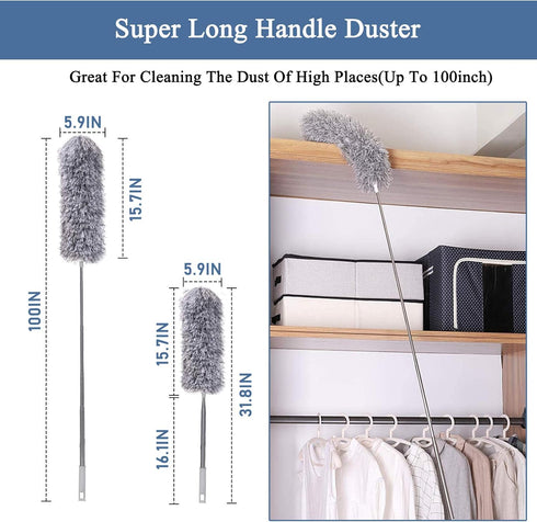 Microfiber Feather Duster, Extendable Cobweb Duster with 100 inches Pole, Washable & Lightweight for Cleaning