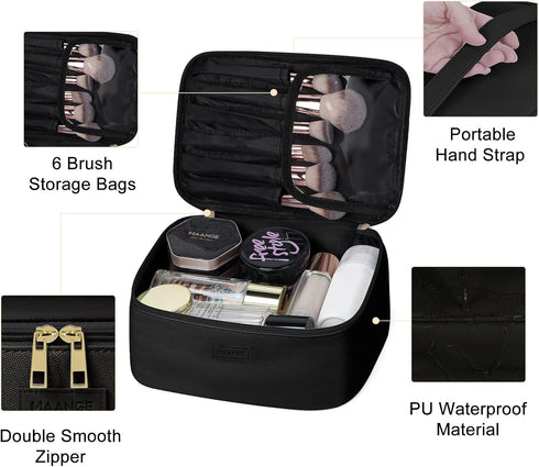 MAANGE Large Makeup Bag with 2pcs Small Bags, Portable Leather Travel Set for Women and Girls, Black