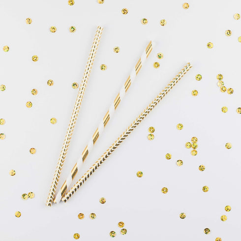 100-Pack Biodegradable Gold Paper Straws, Extra Durable Striped/Wave/Heart/Star/Solid for Party Supplies and