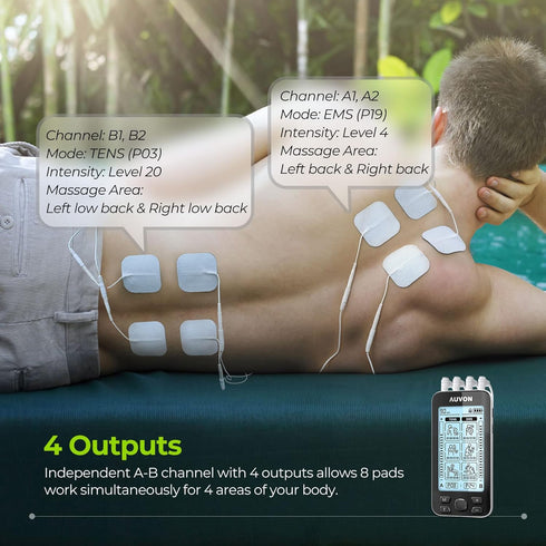 AUVON 4 Outputs TENS Unit EMS Muscle Stimulator Machine for Pain Relief Therapy with 24 Modes