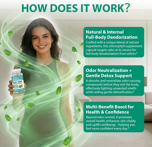 Non-GMO-30 Chlorophyll Capsules Internal Body Deodorant Supplement for Women and Men for Gut Health, Fresh Breath, Skin