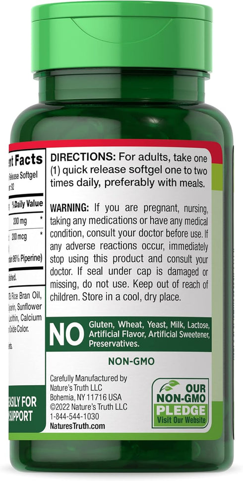 Nature's Truth CoQ10 200mg Softgels, 92 Count, Enhanced Absorption with Black Pepper Extract, Non-GMO