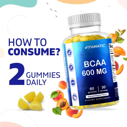 Vitamatic BCAA Gummies, 600mg per Serving, Peach Flavor, 60 Vegan Pectin Based Gummies (2 Bottles)