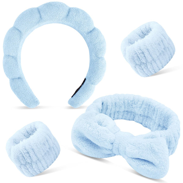 Spa Headband for Washing Face, Makeup Headband, Skincare Headband, 4PCS Face Wash Headband, Blue Sponge