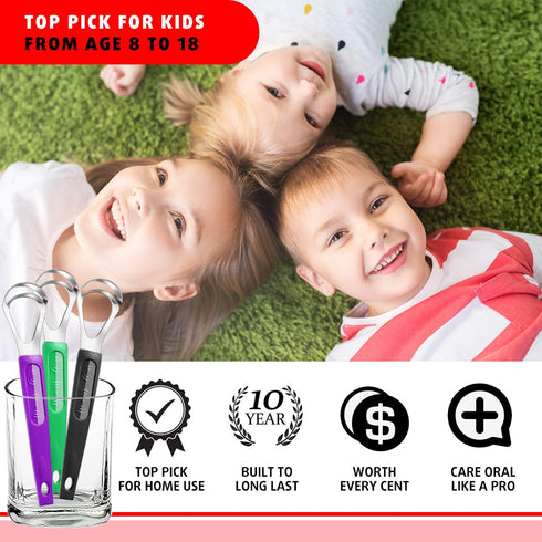 3 Pack Metal Tongue Scrapers, Stainless Steel Cleaner Scrubber for Kids Adults with Travel Case
