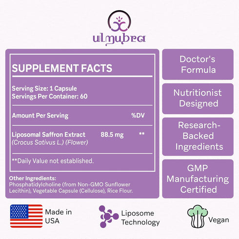 Liposomal Saffron Supplements 88.5 mg - Maximum Absorption Pure Saffron Extract Capsules for Mood, Energy, and Focus