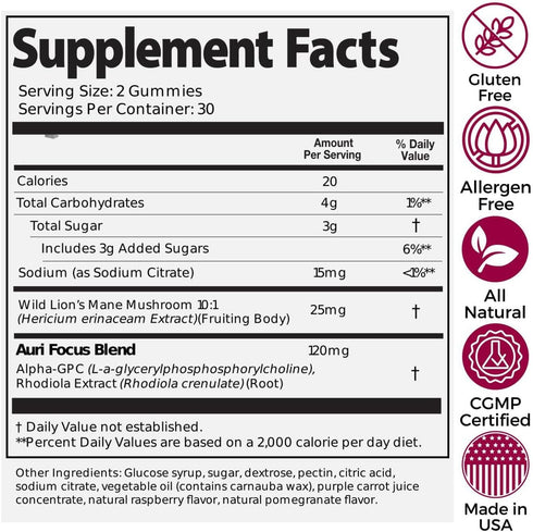Auri Super Mushroom Focus Gummies - 60 Vegan Friendly Gummies with Lion's Mane, Alpha GPC & Rhodiola for Cognitive