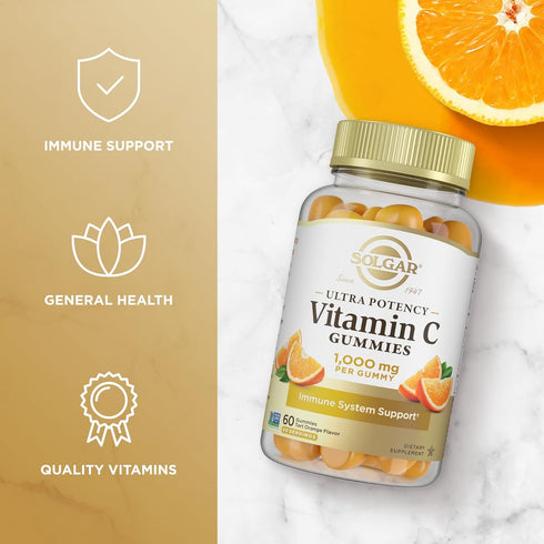 Solgar Vitamin C Gummies for Adults - 1,000mg Ultra Potency, Tasty Tart Orange Flavor, Vegan & Gluten Free, 60 Servings