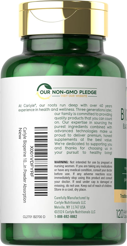 Carlyle Bioperine 10mg, 120 Capsules, Non-GMO & Gluten Free, Supports Curcumin Powder Absorption