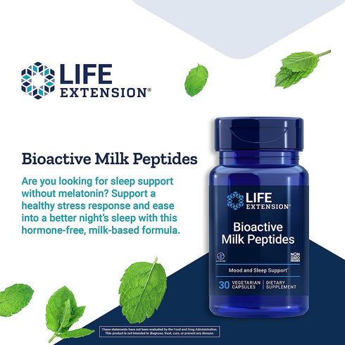 Life Extension Bioactive Milk Peptides, Promotes Relaxation & Healthy Sleep, Gluten-Free, Non-GMO, 30 Vegetarian