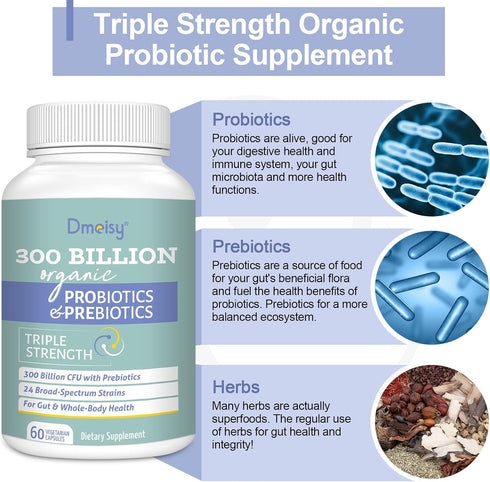 Probiotics for Women and Men, 300 Billion CFU, 24 Strains, 15 Organic Herbs, 2 Month Supply for Digestive Health