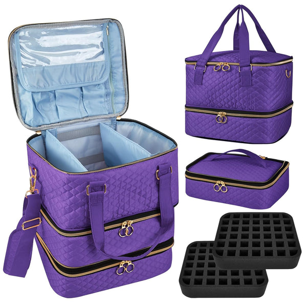 Nail Polish Organizer Case - Purple Three Layer Storage Bag with Adjustable Dividers Holds 84 Bottles Nail Polish Nail