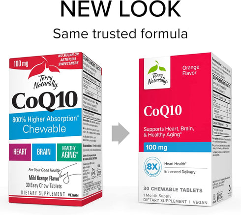 Terry Naturally CoQ10 Chewables | 100 mg, 30 Easy Chew Tablets | 8X Higher Absorbing CoQ10 for Energy & Health