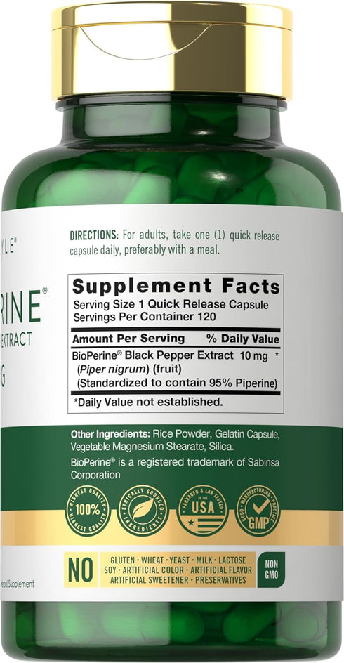 Carlyle Bioperine 10mg | 120 Capsules | Non-GMO & Gluten Free | Sourced from Black Pepper Extract | Supports Curcumin Powder Absorption