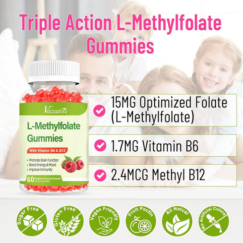 Sugar Free L-Methylfolate 15mg Gummies with Methyl B12 - 60 Count Folate Supplement for Mood, Brain Health, Immune