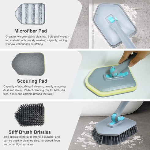 Shower Cleaning Brush with Long Handle, 3 in 1 Tub and Tile Scrubber Brush with 50.4'' Extendable Long Handle Detachable Stiff Bristles Scrub Brush for Cleaning Bathtub Shower Bathroom (Grey)